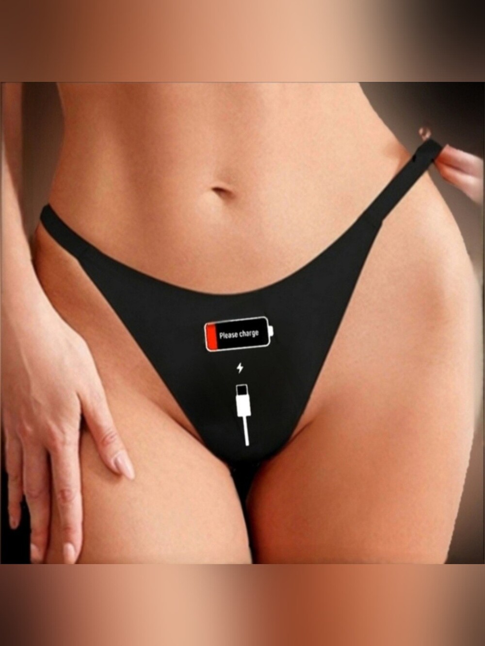 Vibes naughty adult please charge graphics blk gold charm thong panty XL/12 NWT